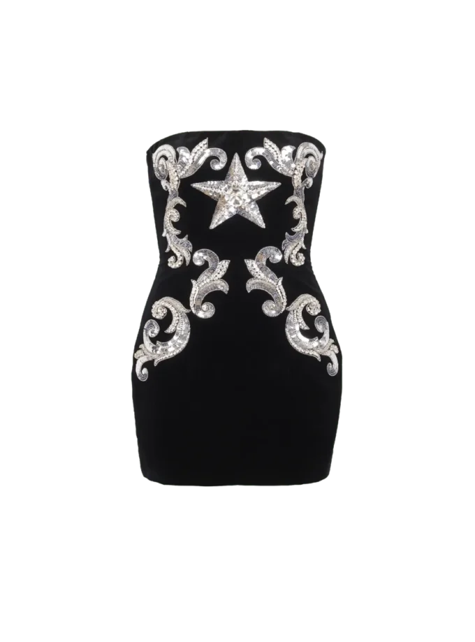 Paisley embroidered strapless dress