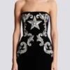 Paisley embroidered strapless dress