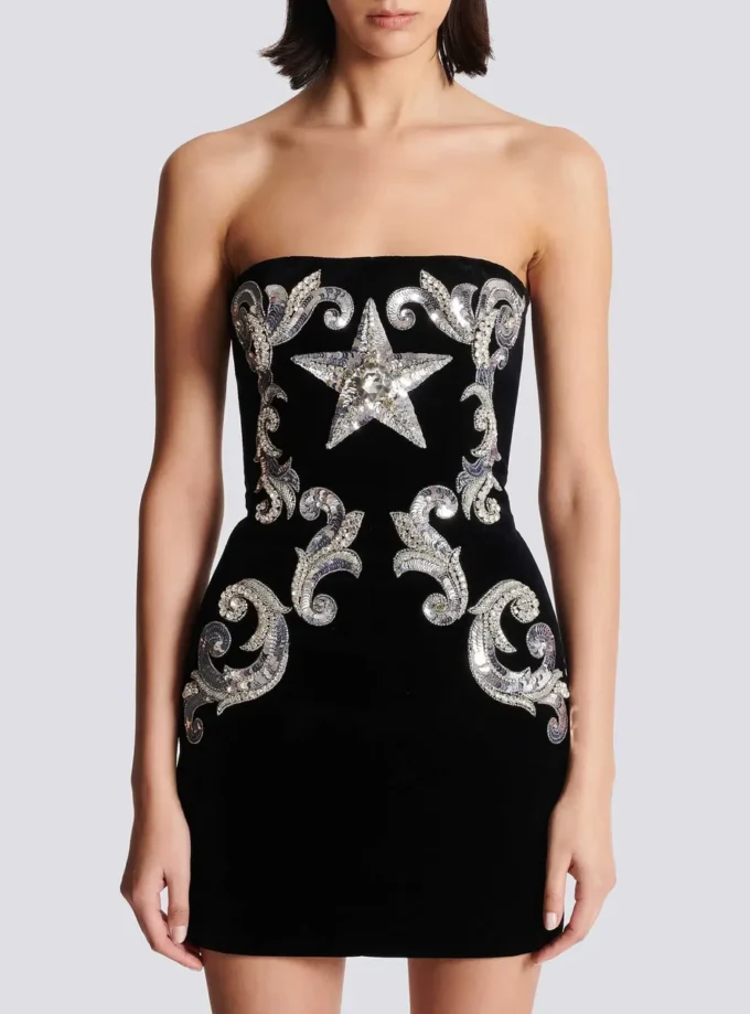 Paisley embroidered strapless dress