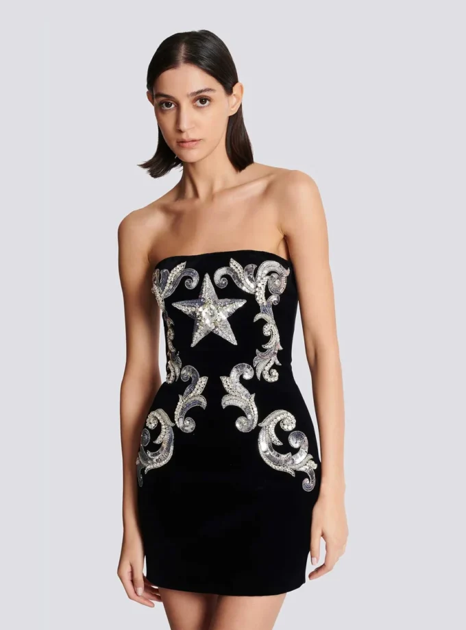 Paisley embroidered strapless dress