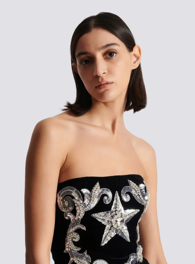 Paisley embroidered strapless dress