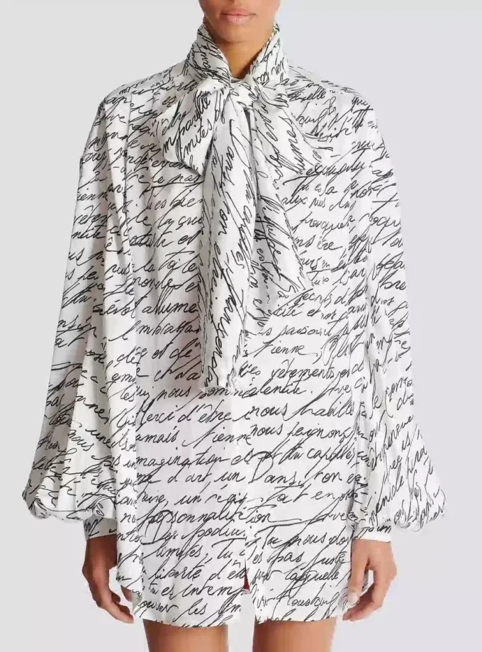 Pussy-bow shirt with “Love Letter” print