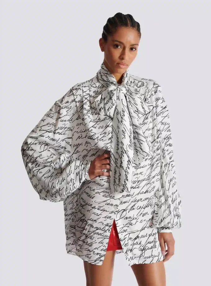 Pussy-bow shirt with “Love Letter” print