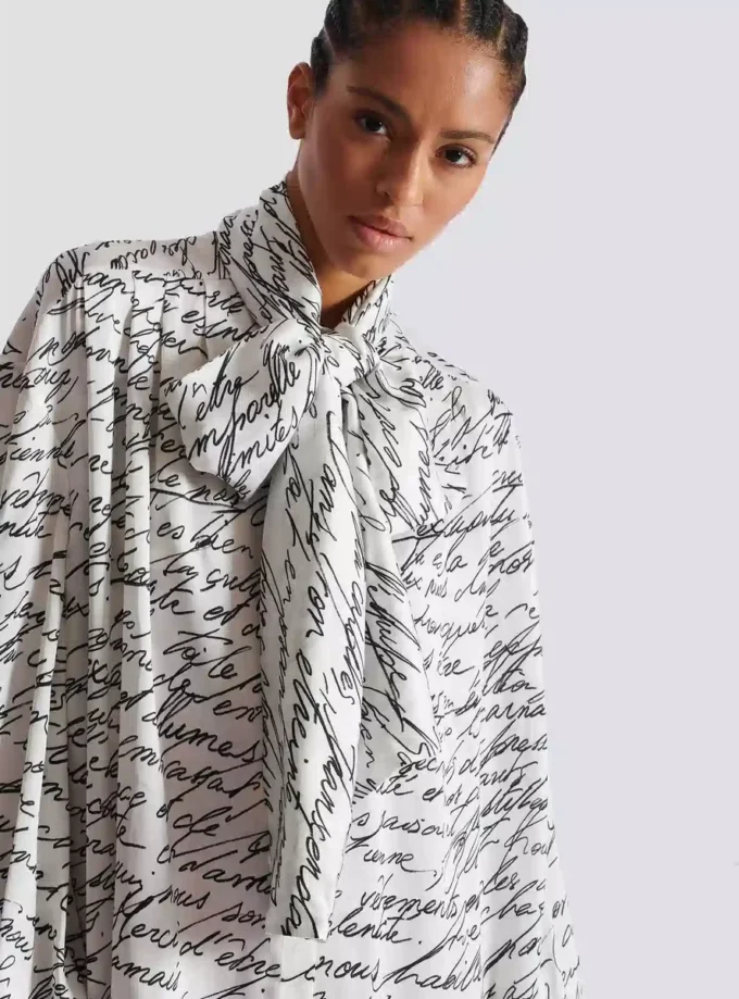 Pussy-bow shirt with “Love Letter” print