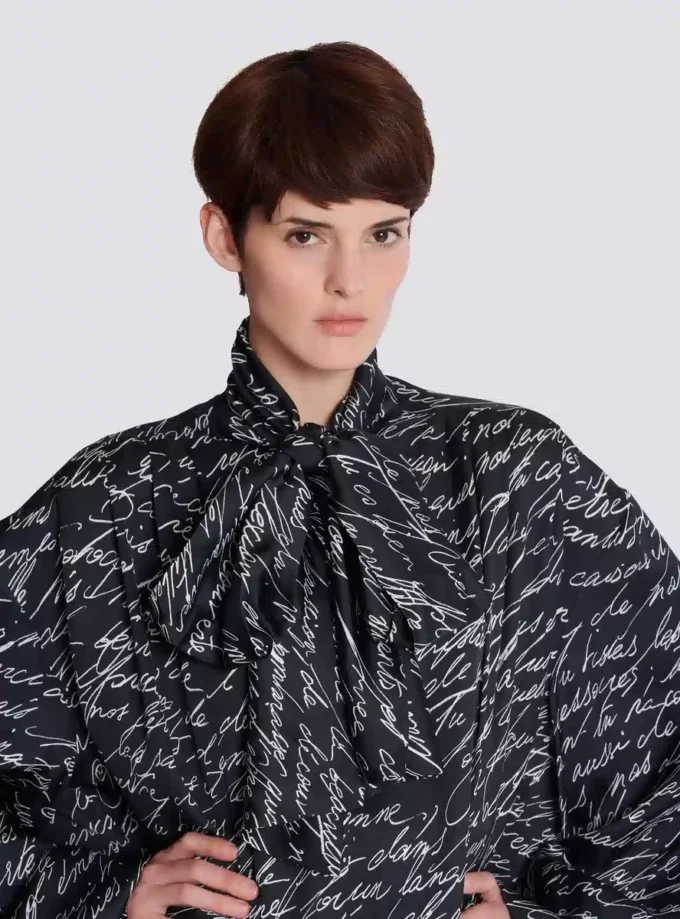 Pussy-bow shirt with “Love Letter” print