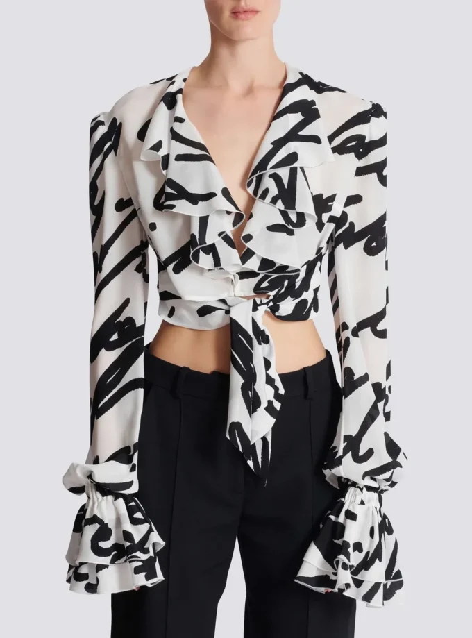 Ruffled love letter knotted crop shirt