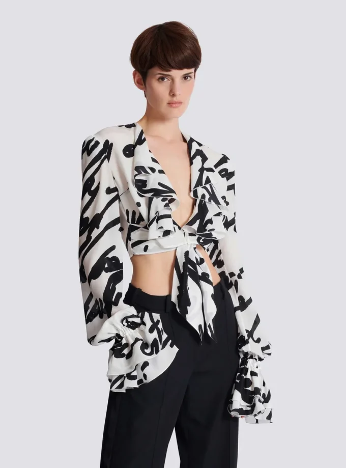 Ruffled love letter knotted crop shirt