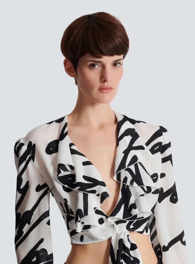 Ruffled love letter knotted crop shirt