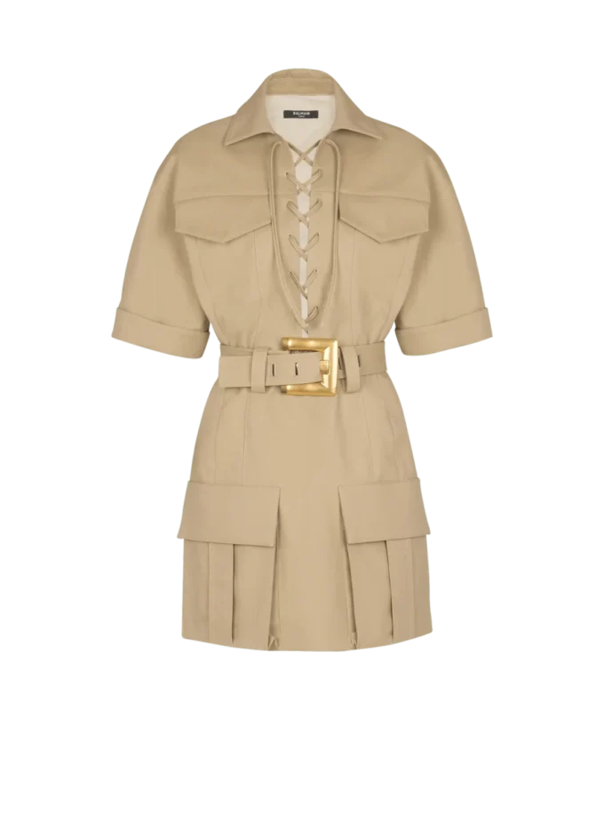 Short cotton gabardine lace-up dress