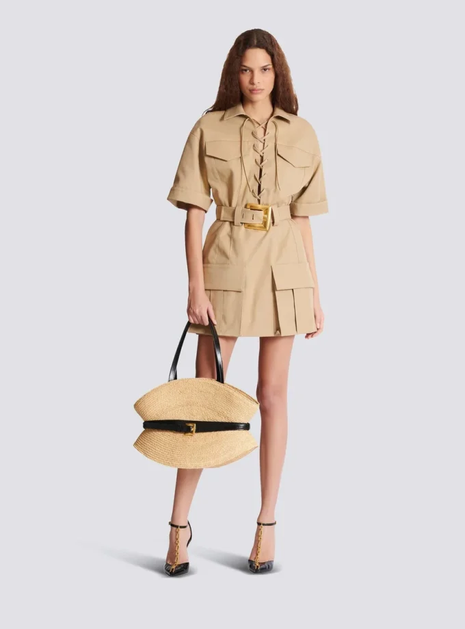 Short cotton gabardine lace-up dress