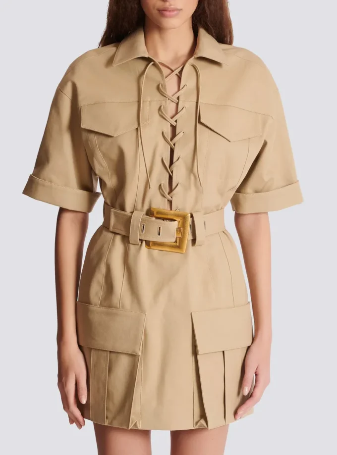 Short cotton gabardine lace-up dress