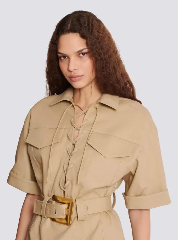 Short cotton gabardine lace-up dress