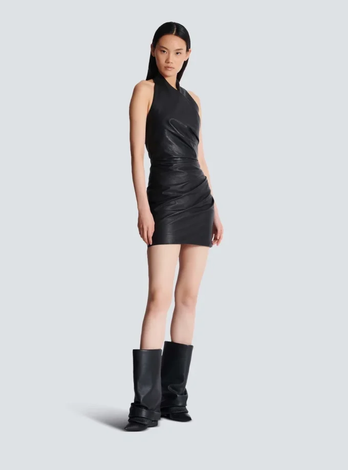 Short draped leather halterneck dress