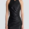 Short draped leather halterneck dress