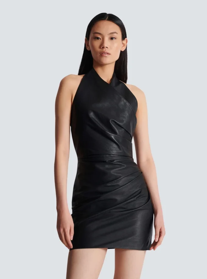 Short draped leather halterneck dress