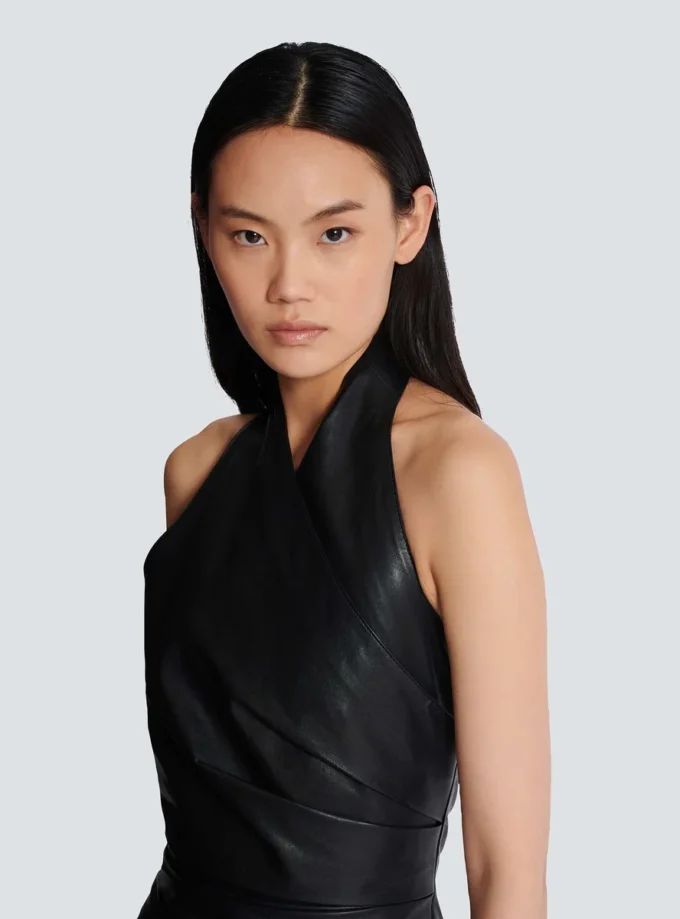 Short draped leather halterneck dress