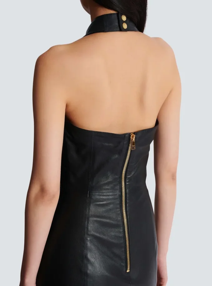 Short draped leather halterneck dress