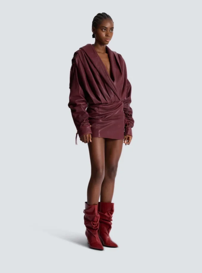 Short hooded dress in washed lambskin