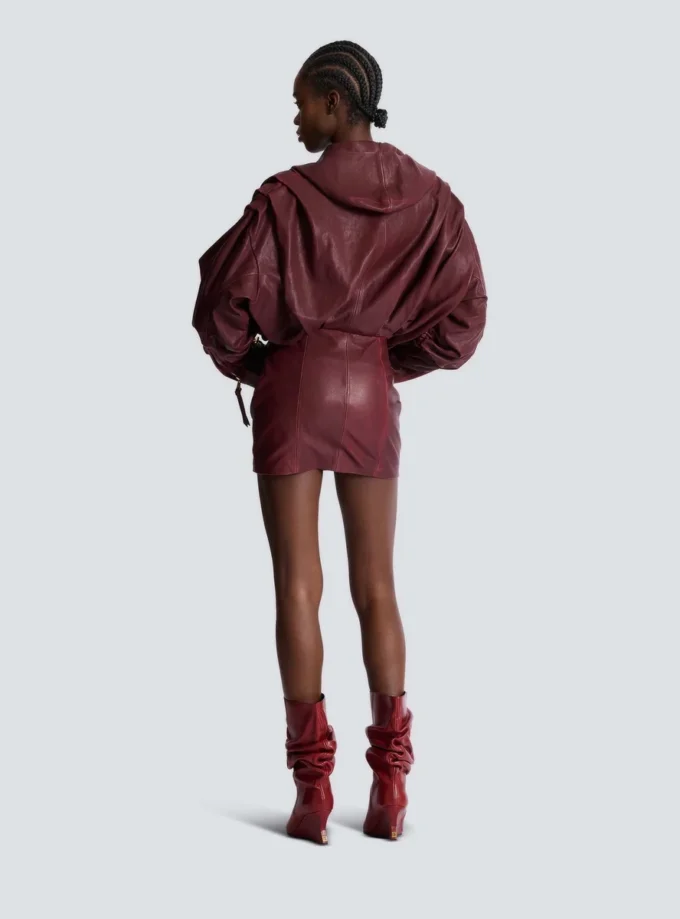 Short hooded dress in washed lambskin