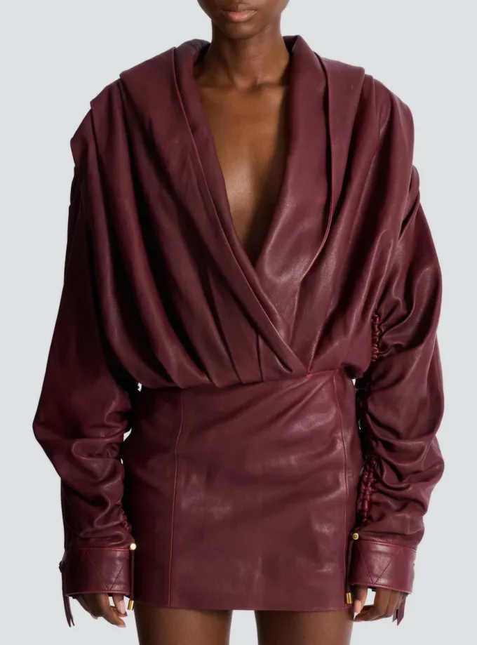 Short hooded dress in washed lambskin