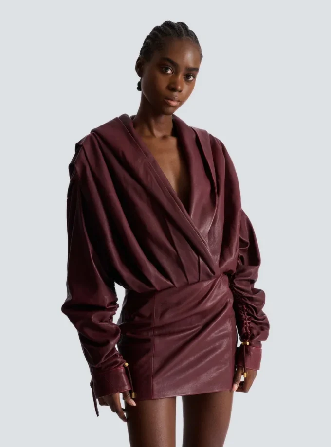Short hooded dress in washed lambskin