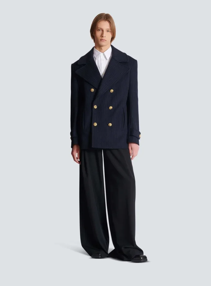 Short striped wool pea coat