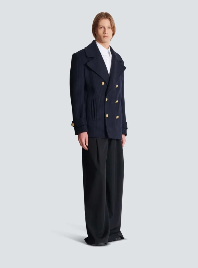 Short striped wool pea coat