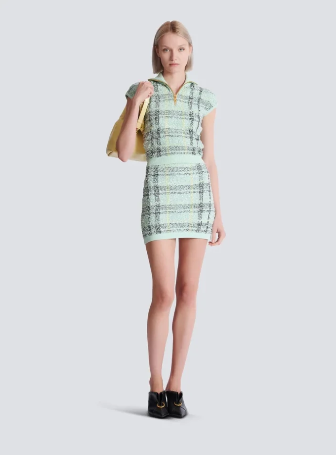 Sleeveless plaid tweed top