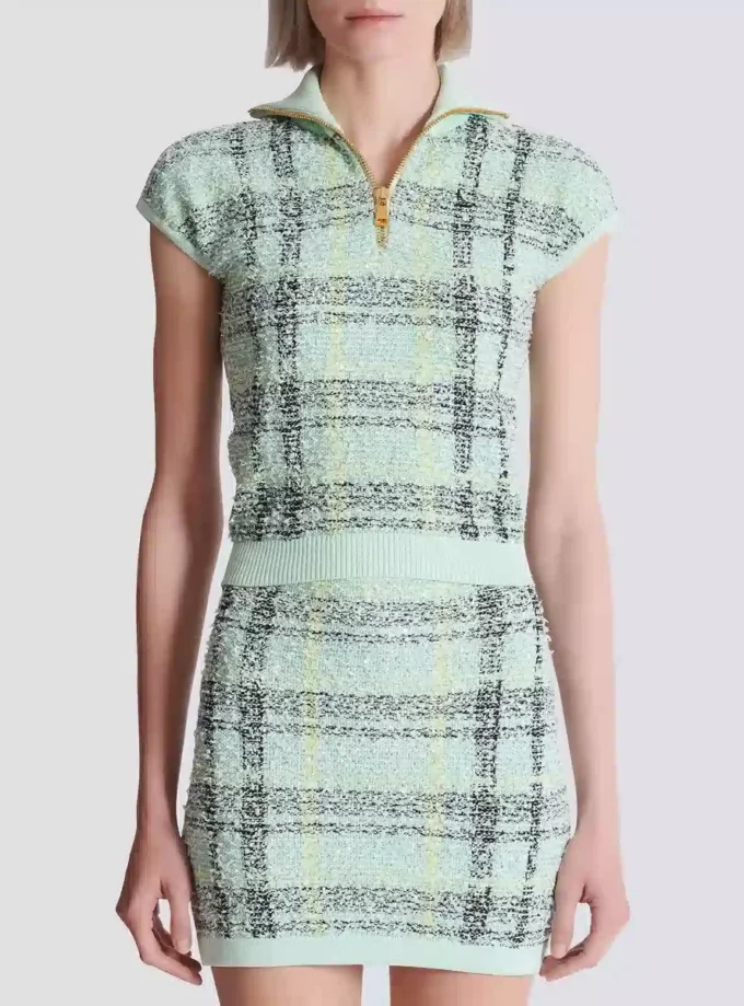 Sleeveless plaid tweed top