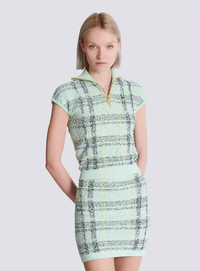 Sleeveless plaid tweed top