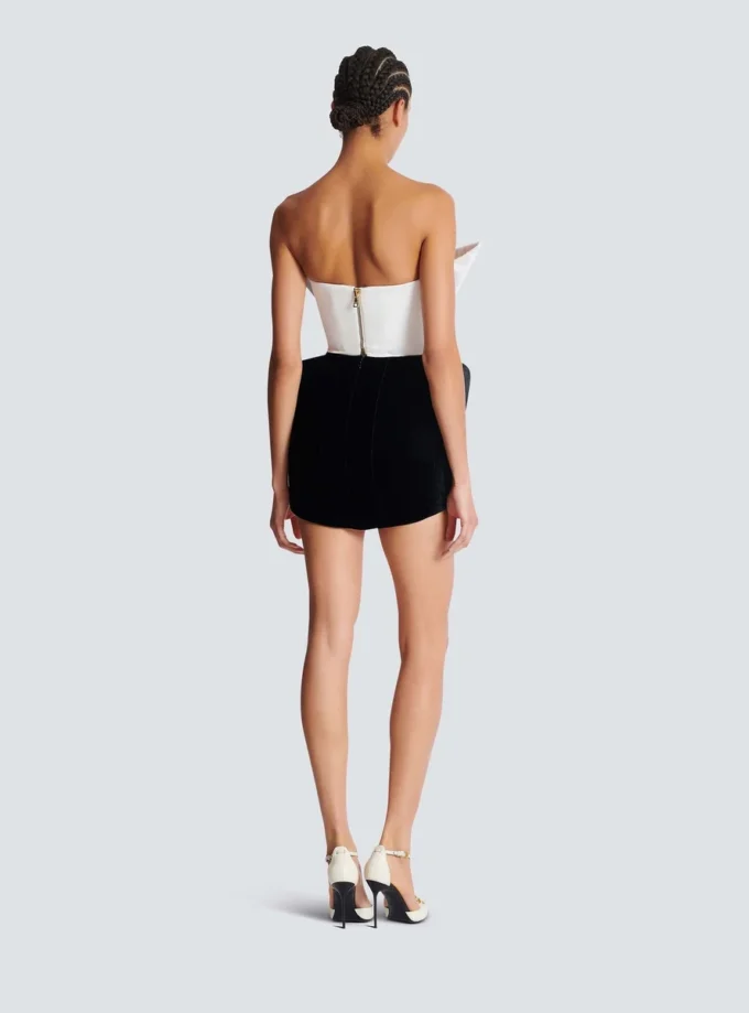 Structured dual fabric strapless dress