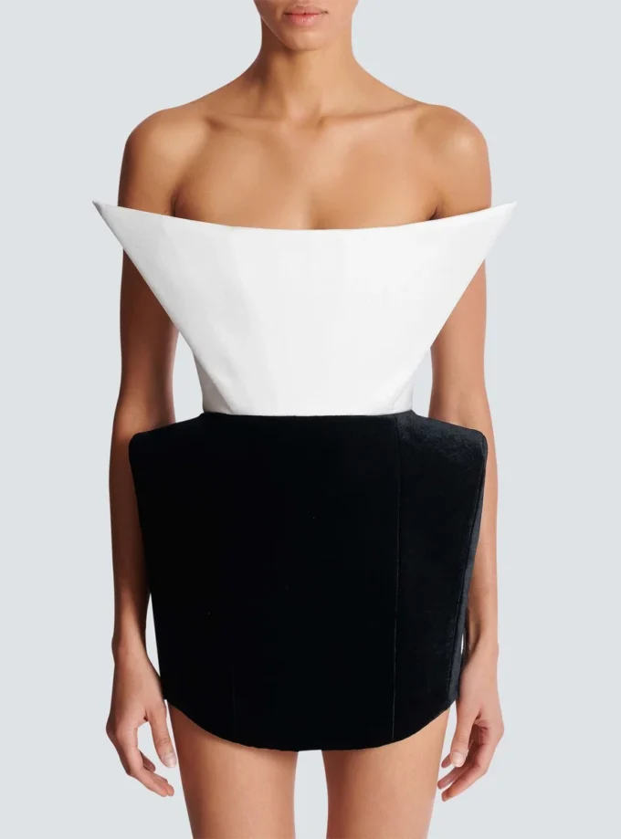 Structured dual fabric strapless dress