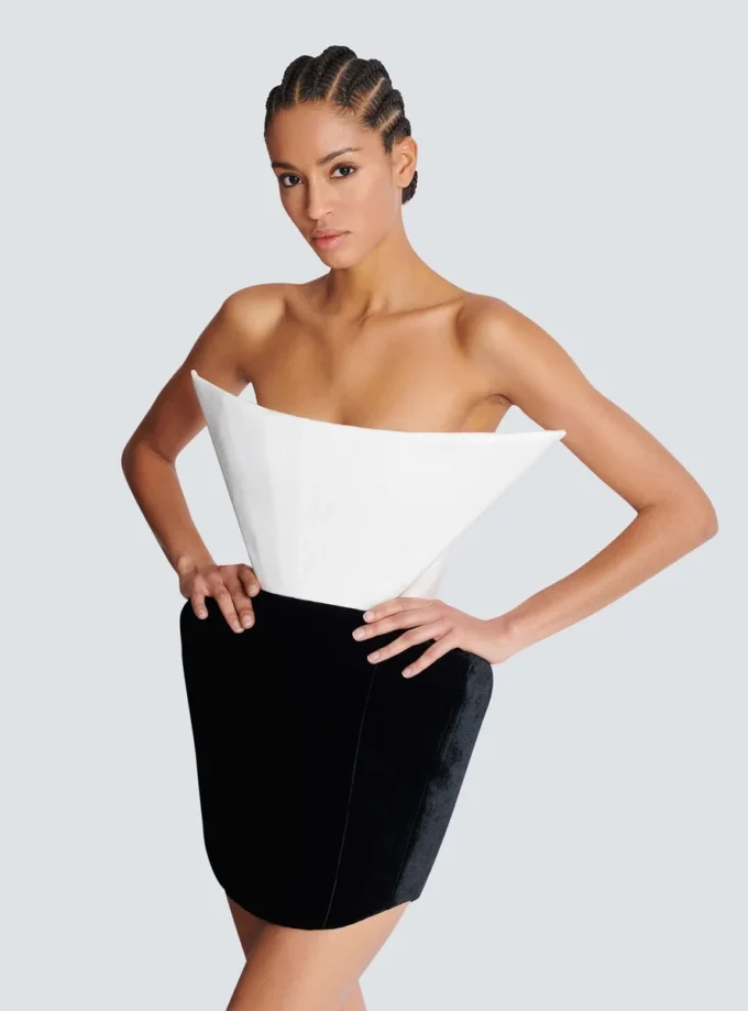 Structured dual fabric strapless dress