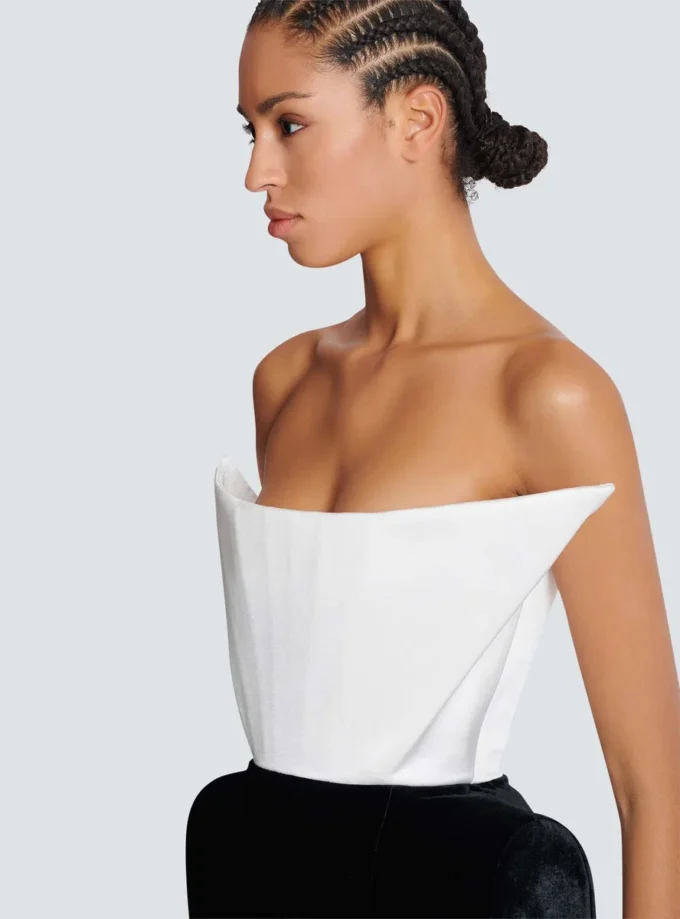 Structured dual fabric strapless dress