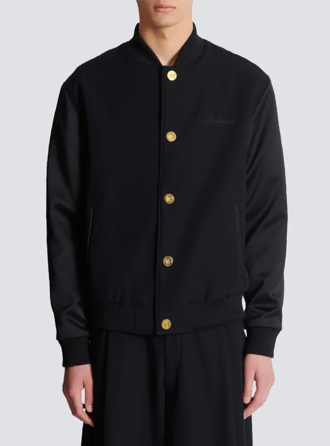 Varsity jacket in grain de poudre wool and satin