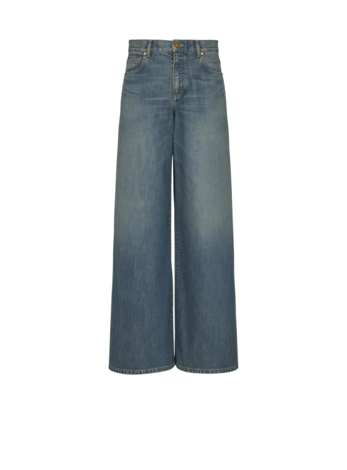 Wide-leg faded denim jeans