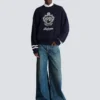 Wide-leg faded denim jeans