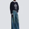 Wide-leg faded denim jeans