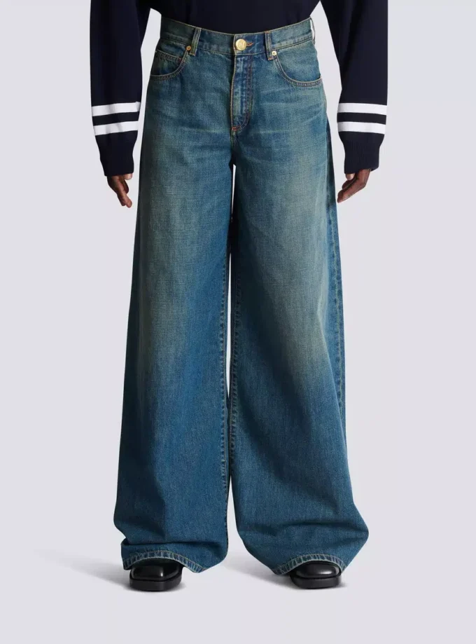 Wide-leg faded denim jeans